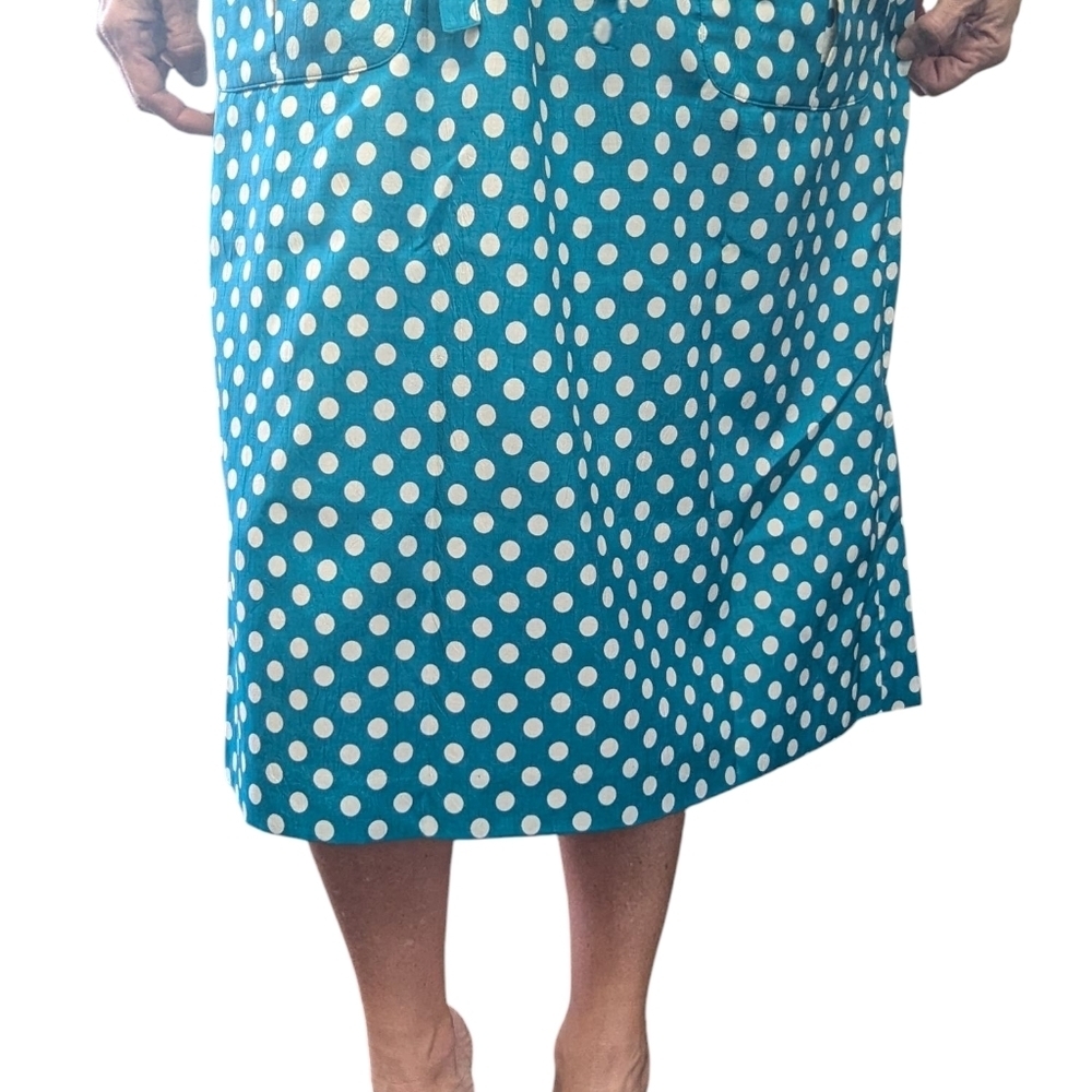 Vintage 80s Leslie Fay Teal White Polka Dot Midi Dress Drawstring 12 - Picture 10 of 12